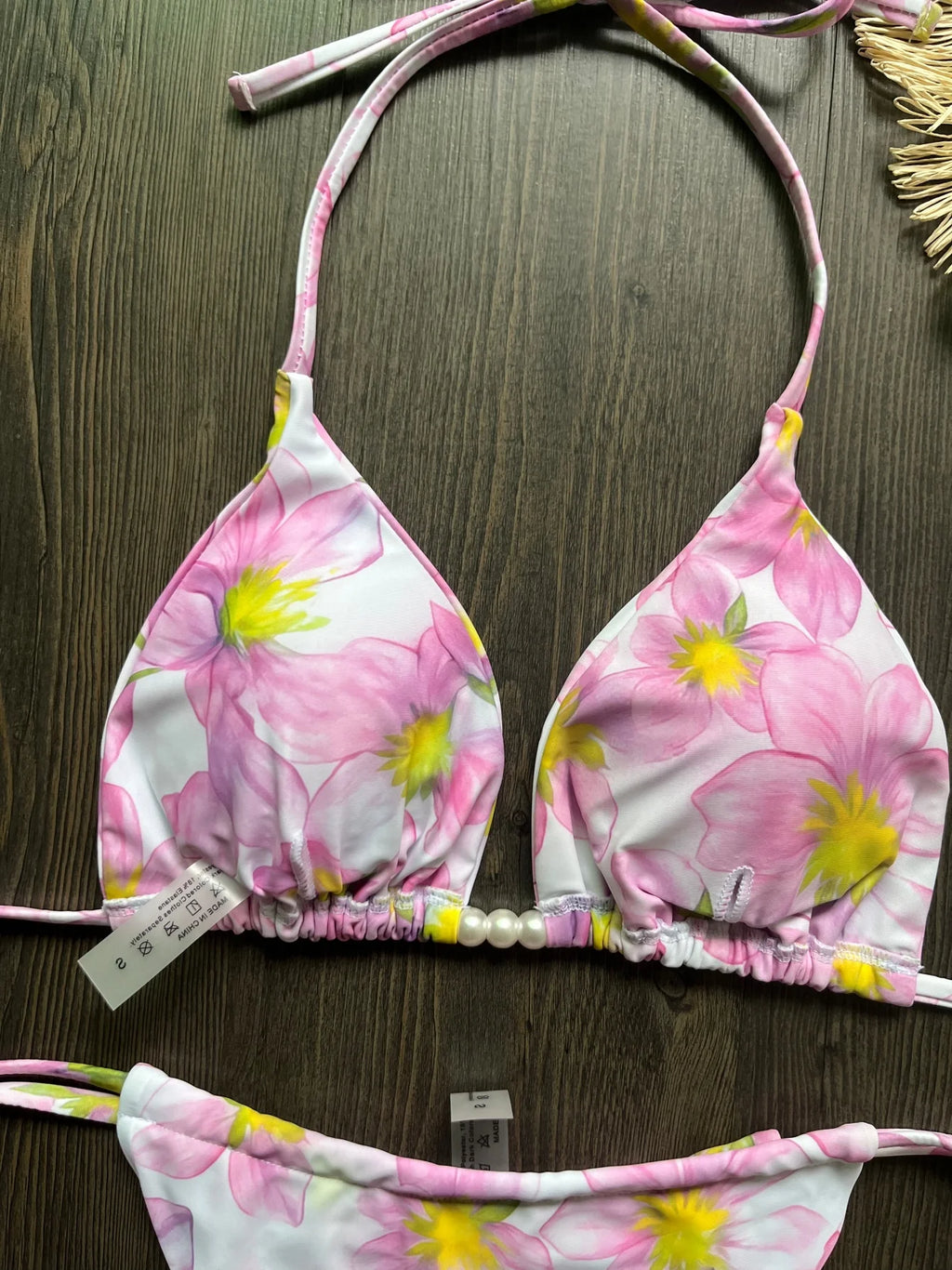 Pearl Accent Halter Bikini Set Luxury Brazilian Beachwear Push Up Swimsuit Print
