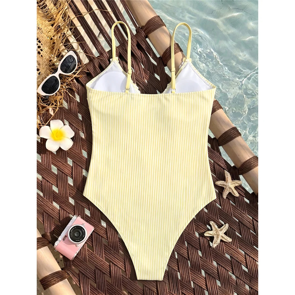Striped Plaid V Neck  One Piece Swimsuit Female Frilled High Leg Cut Padded