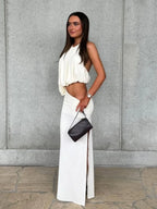 White Halter Ruched Two Piece Maxi Set Backless Asymmetric High Low Skirt