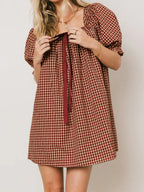 Gingham Babydoll Mini Dress With Puff Sleeves And Bow
