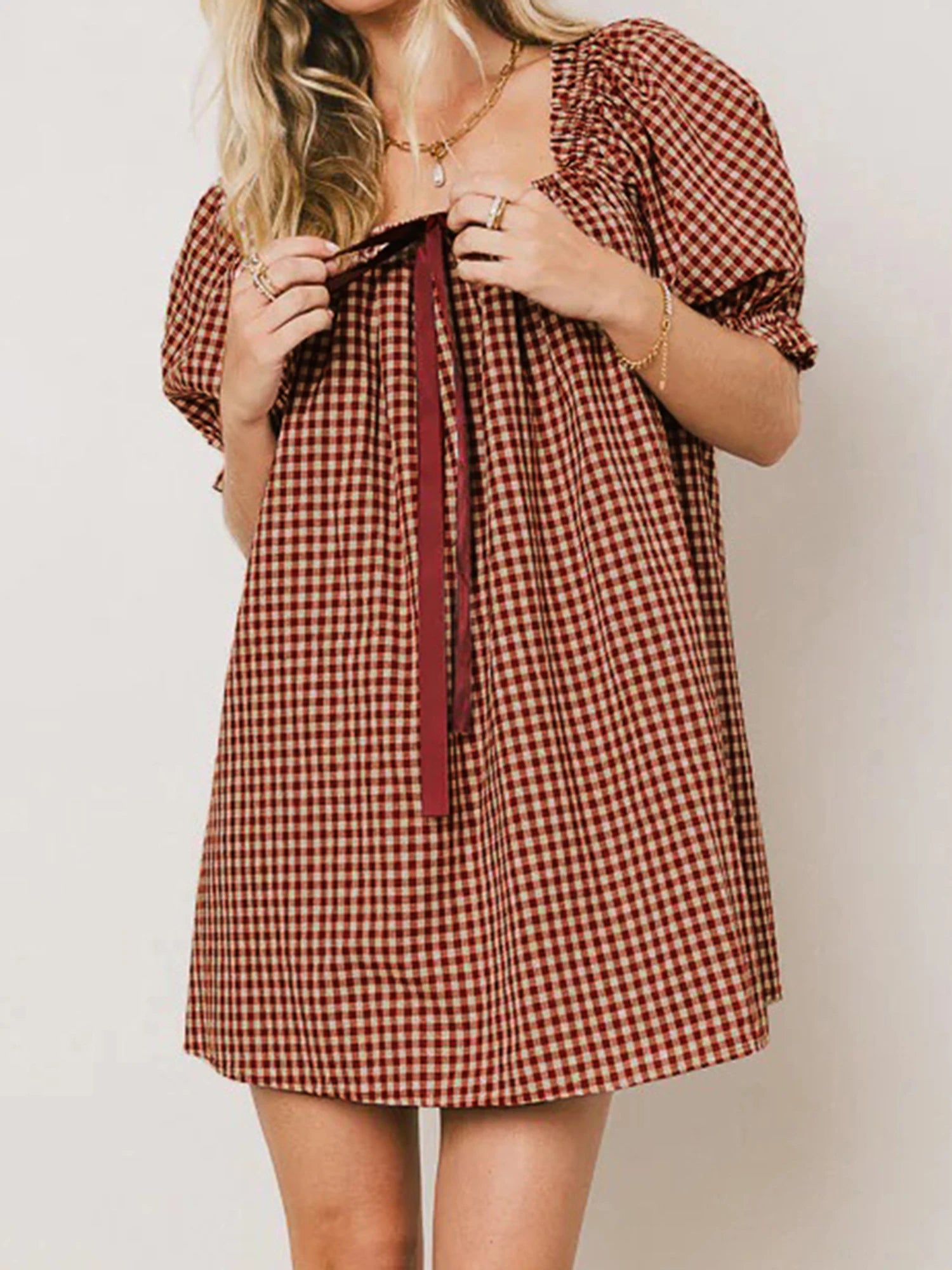 Gingham Babydoll Mini Dress With Puff Sleeves And Bow