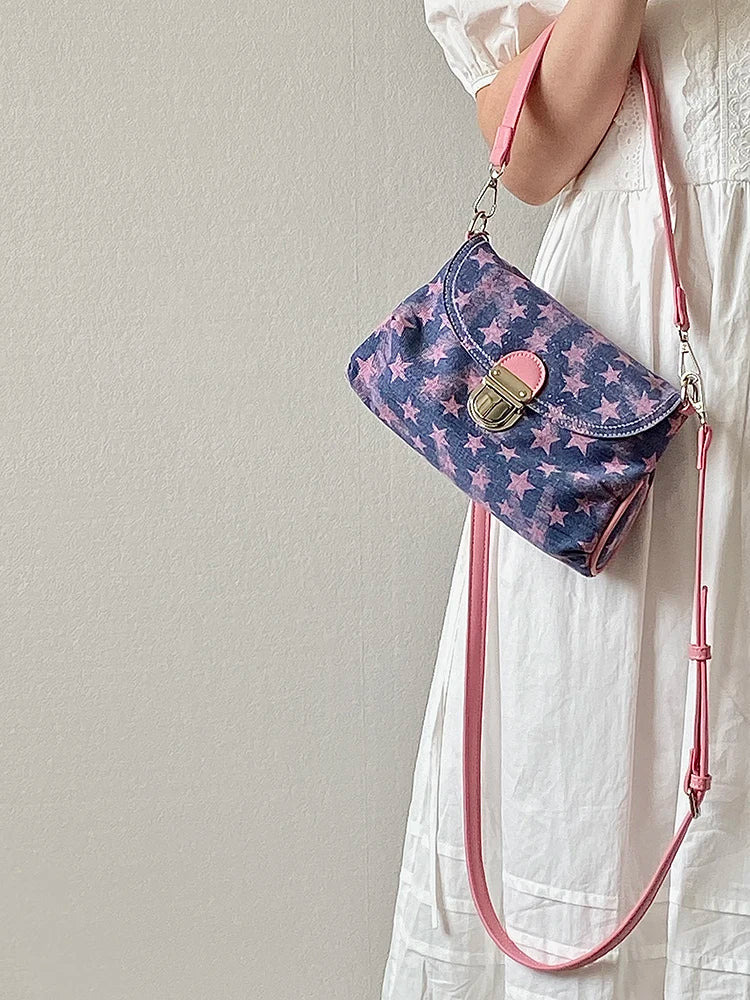Contrast Color Star Print Crossbody Bag for Women Lightweight Shoulder Purse With Buckle