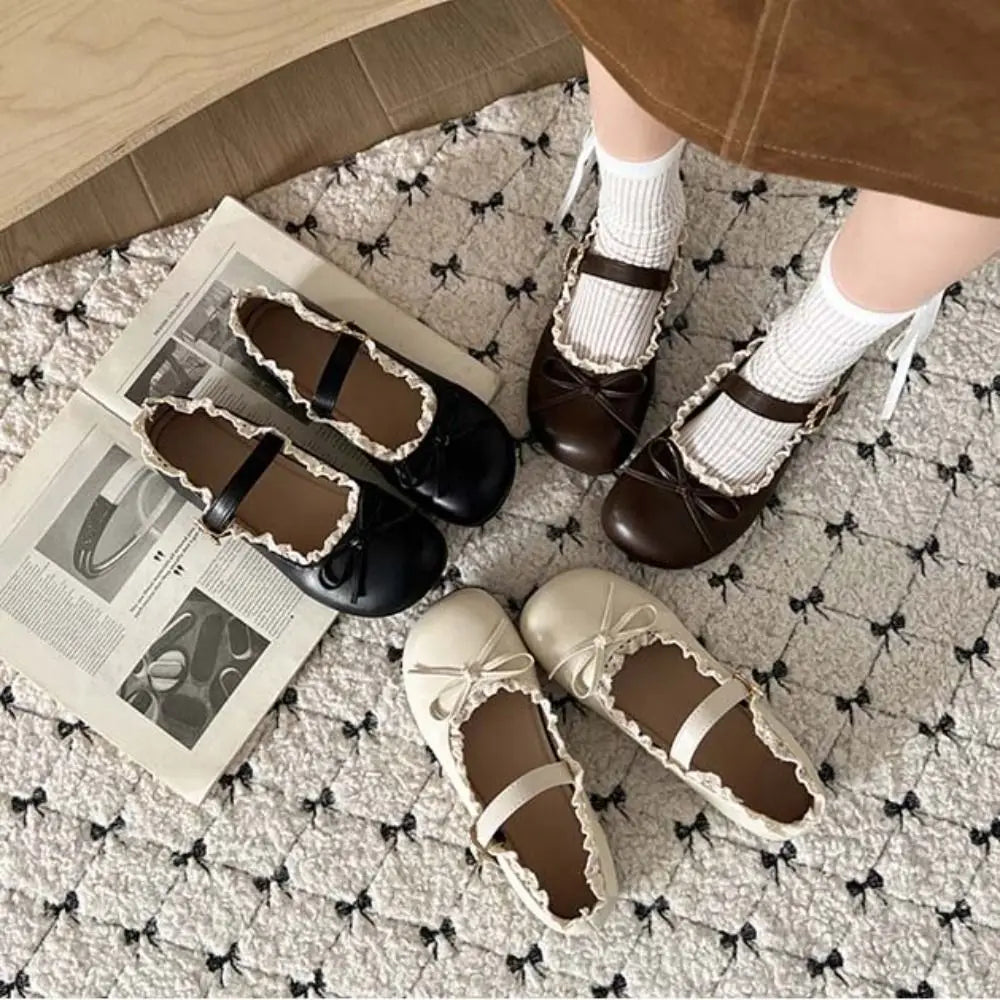Lolita Inspired Mary Jane Flats With Bow Lace Pu Leather Soft Sole Slip On