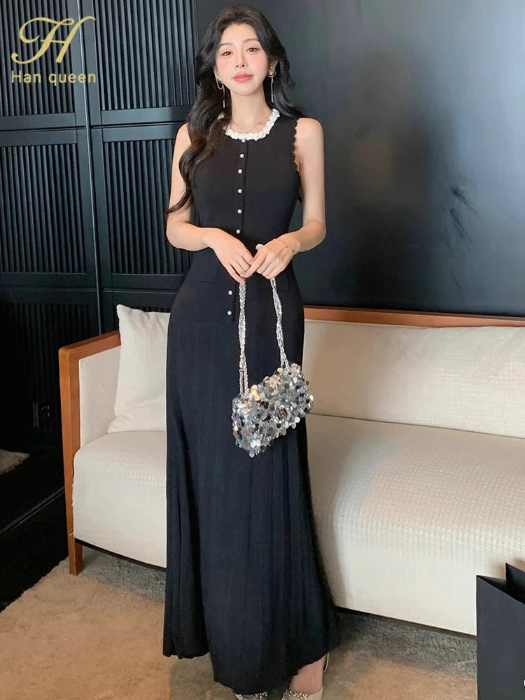 Floral Pearl Knit Maxi Dress Sleeveless O-Neck With Pleated Details