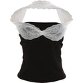 Punk Patchwork Mesh Halter Tank Top Y2K Vibe With Lace Up Details