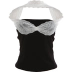 Punk Patchwork Mesh Halter Tank Top Y2K Vibe With Lace Up Details