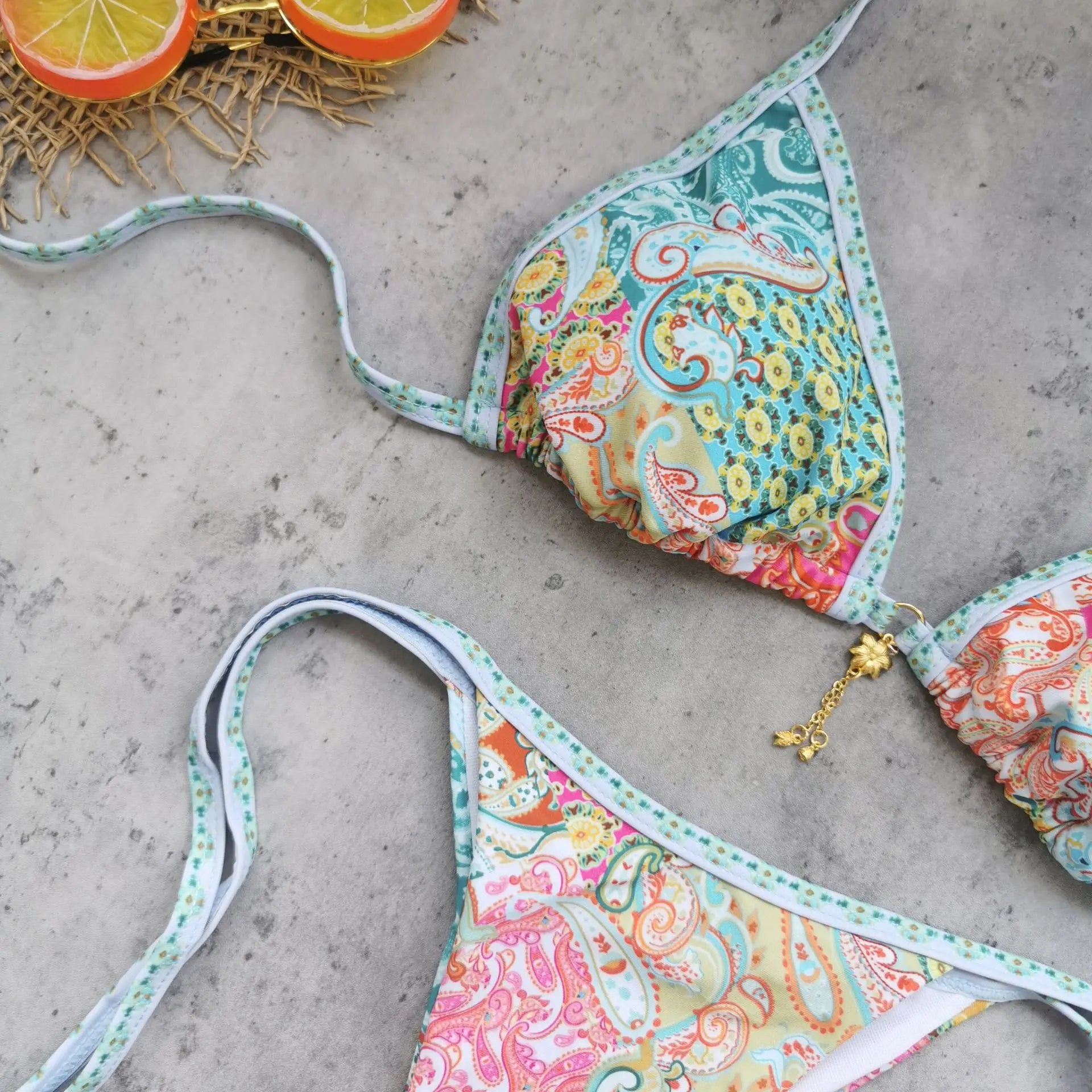 Retro Green Floral Bikini Set With Push Up Top And Cheeky Thong Bottom