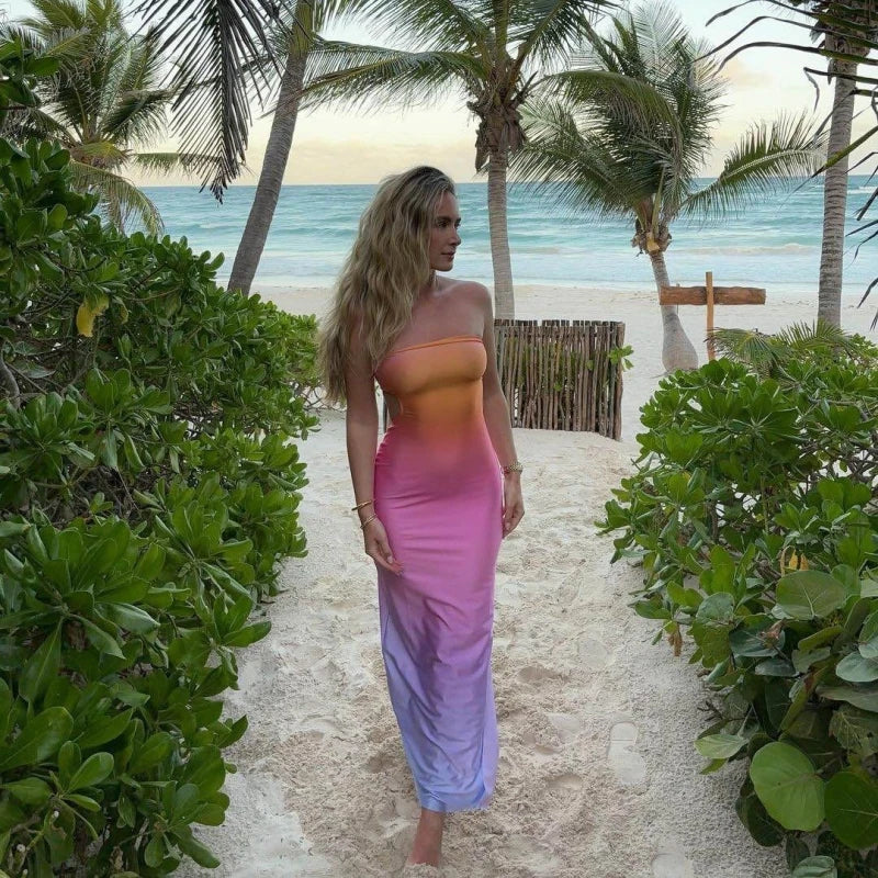 Gradient Print Backless Strapless Maxi Dress For Women Chest Wrap