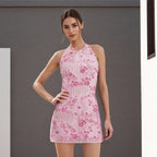 Halter Dress With Sequin Beading And Floral Embroidery Backless Slim Mini