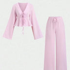 Striped Lace Up Two Piece Set V Neck Top And Elastic Waist Pants