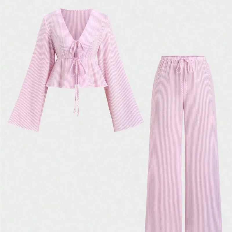 Striped Lace Up Two Piece Set V Neck Top And Elastic Waist Pants