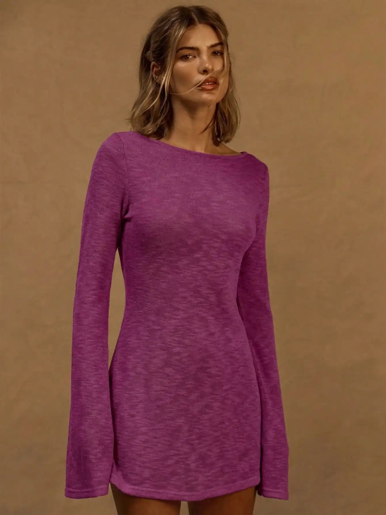 A Line Knit Mini Dress With Slash Neck And Bell Sleeves