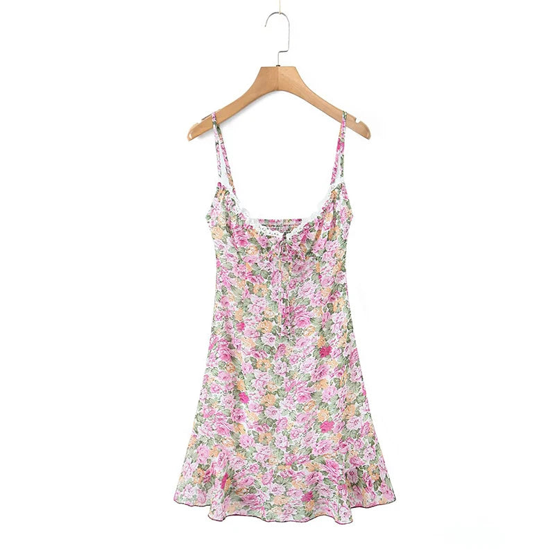 Floral Print Sexy Sling Mini Women Lace Spliced O Neck A-line Dress