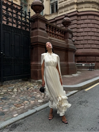 Ruffle Maxi Dress With Lapel V Neck Sleeveless Pleated High Waist