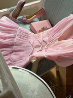 Pink Fairy Cute Short Cocktail With Ruffles Design Princess V Neck Bows Dress