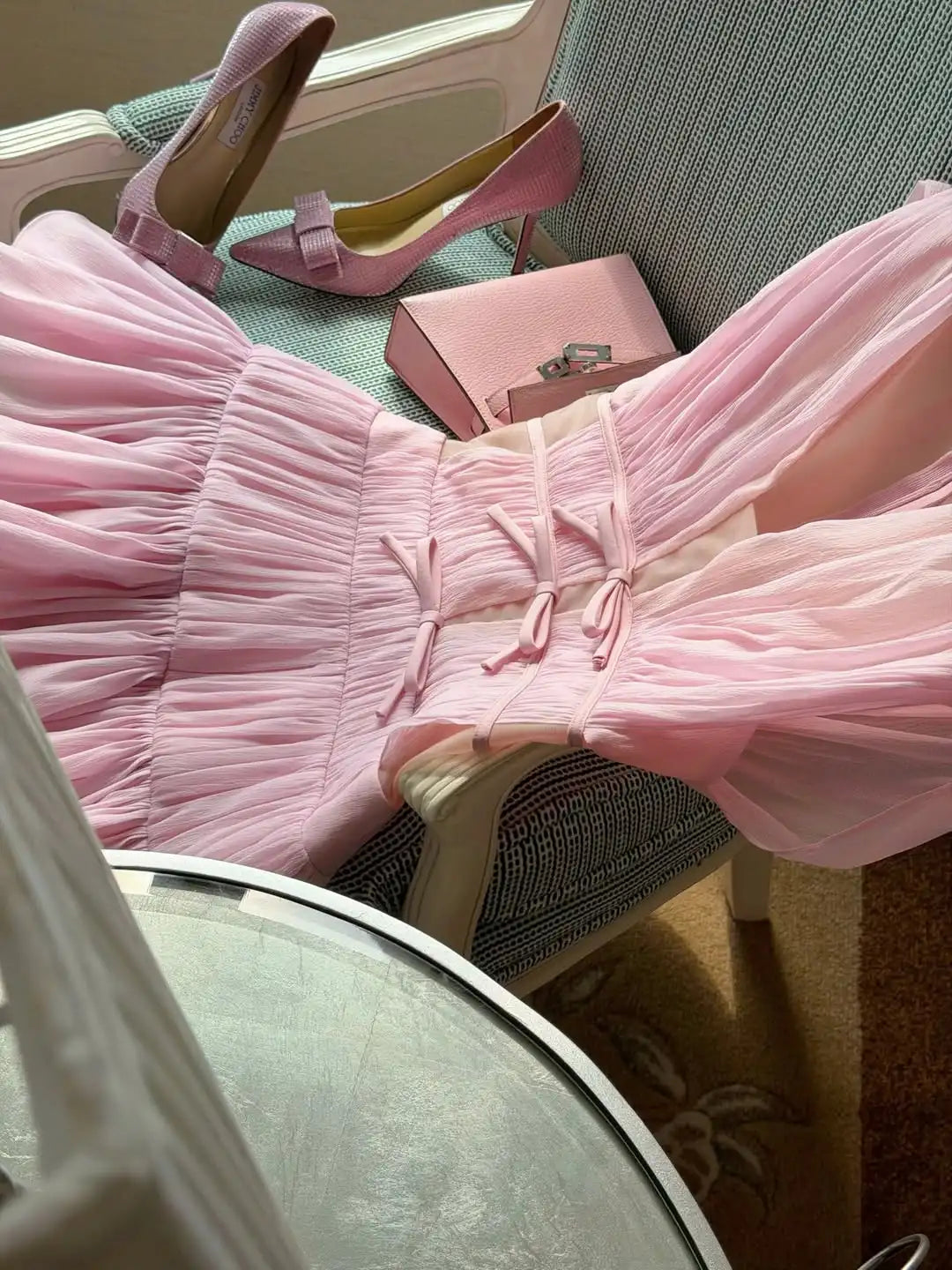 Pink Fairy Cute Short Cocktail With Ruffles Design Princess V Neck Bows Dress