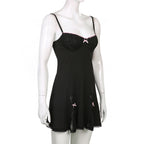 Gothic Kawaii Lace Trim Sleeveless V Neck Mini Dress With Bow Accent