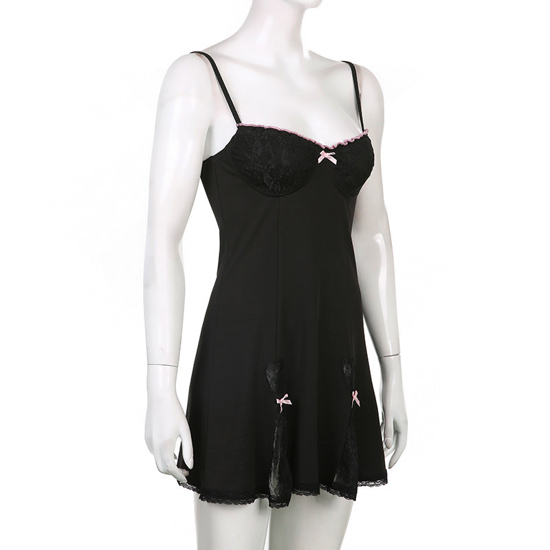 Gothic Kawaii Lace Trim Sleeveless V Neck Mini Dress With Bow Accent