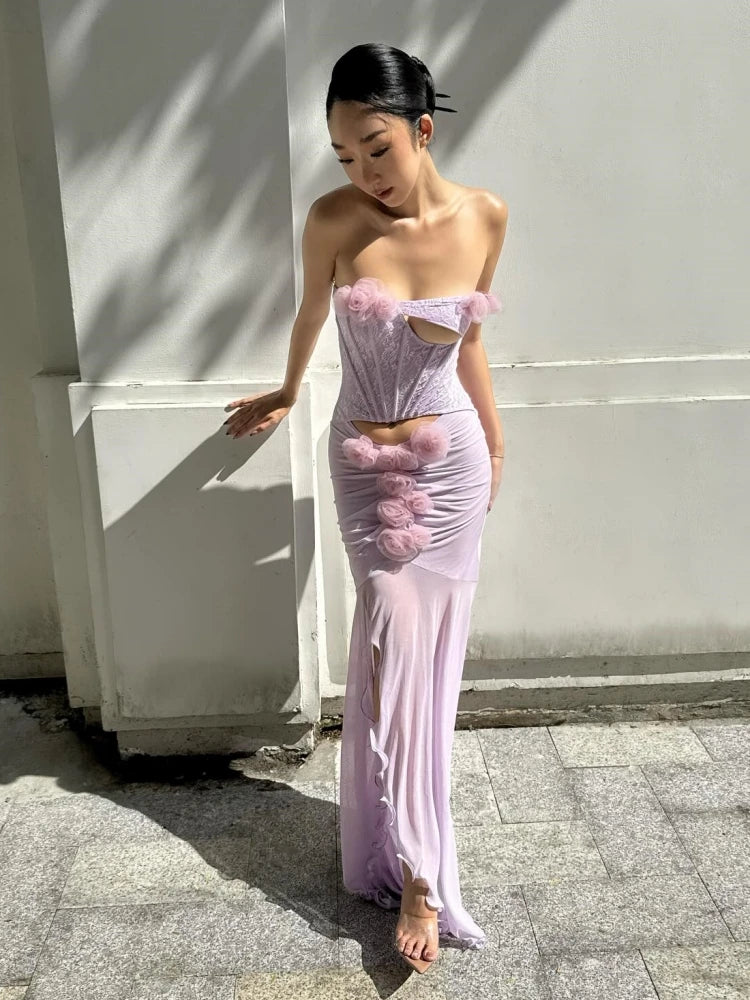 One Shoulder Floral Hollow Out Purple Maxi Dress