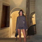 Draped Elegant Romper Batwing Sleeve Ruched Waist Tie