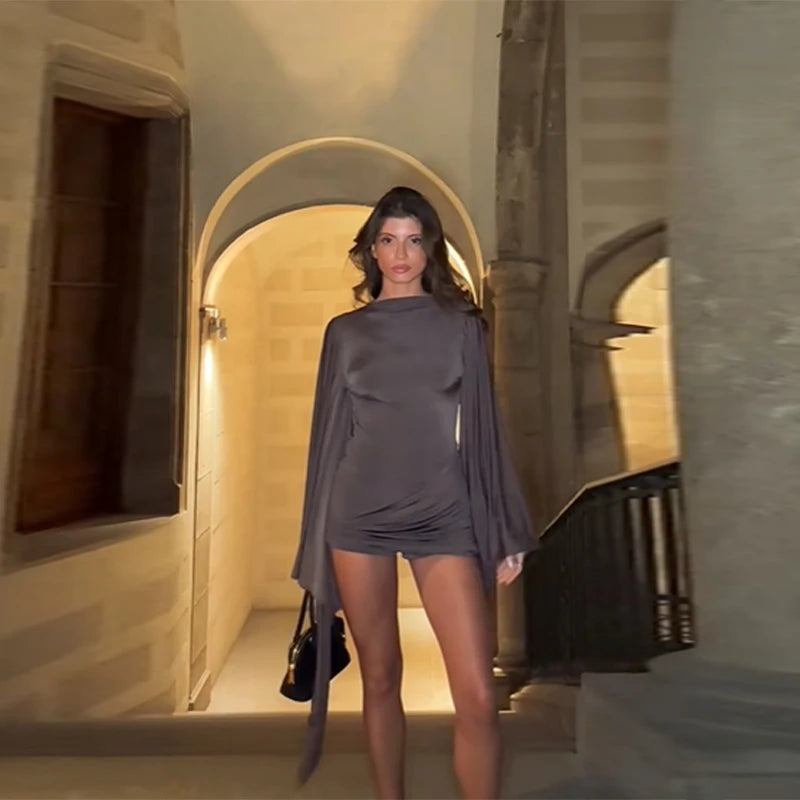 Draped Elegant Romper Batwing Sleeve Ruched Waist Tie