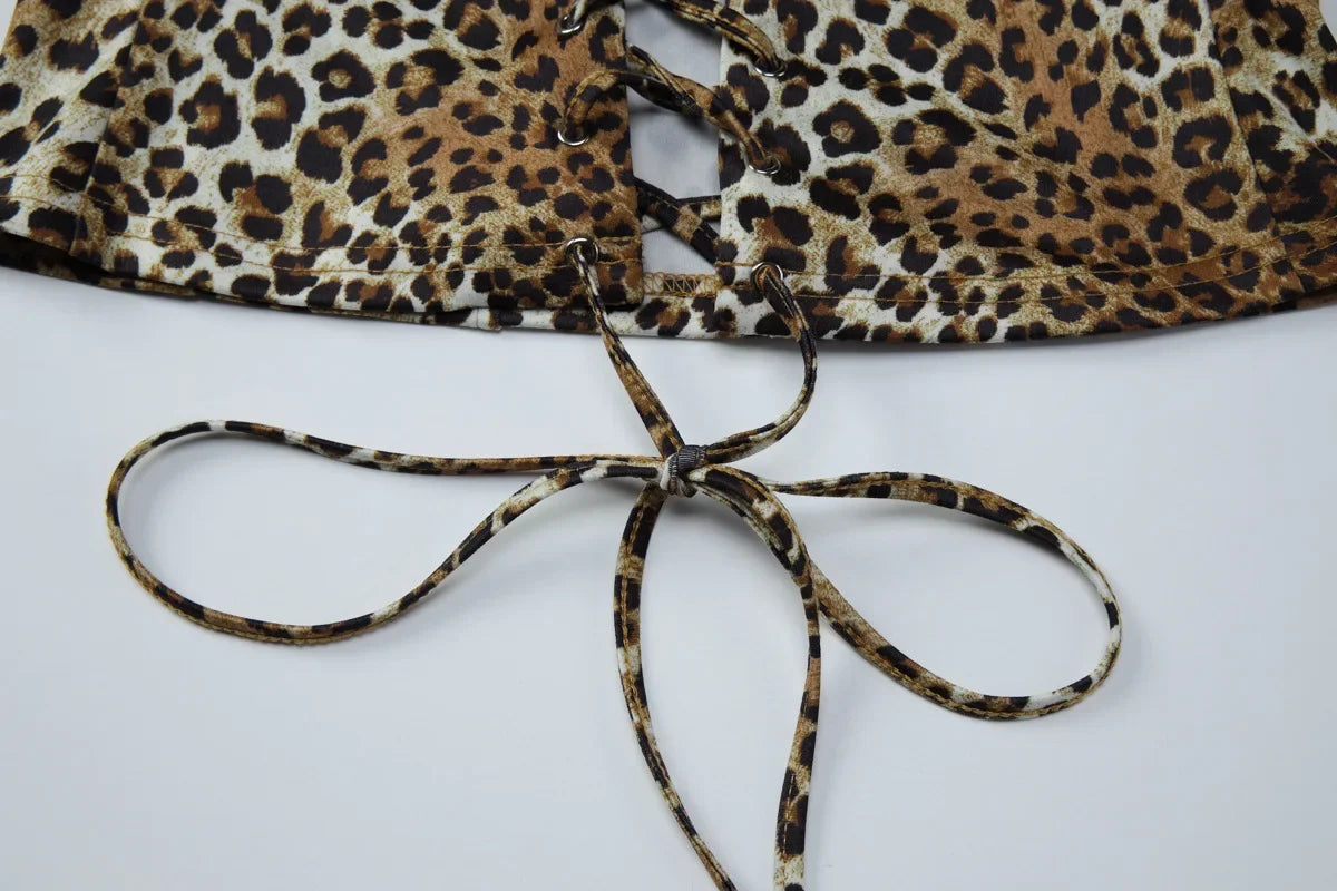 Leopard Print Halter Neck Crop Top With Lace Up Details And Backless Design