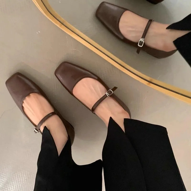 Mary Jane Flats With Square Toe Buckle Strap Retro Styled Women's Shoes