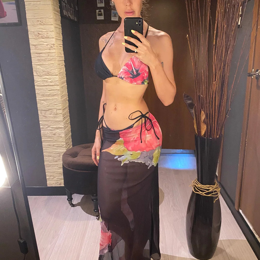 Flowers Printed With Skirt Halter Bikini Three-pieces Bikini set
