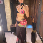 Flowers Printed With Skirt Halter Bikini Three-pieces Bikini set