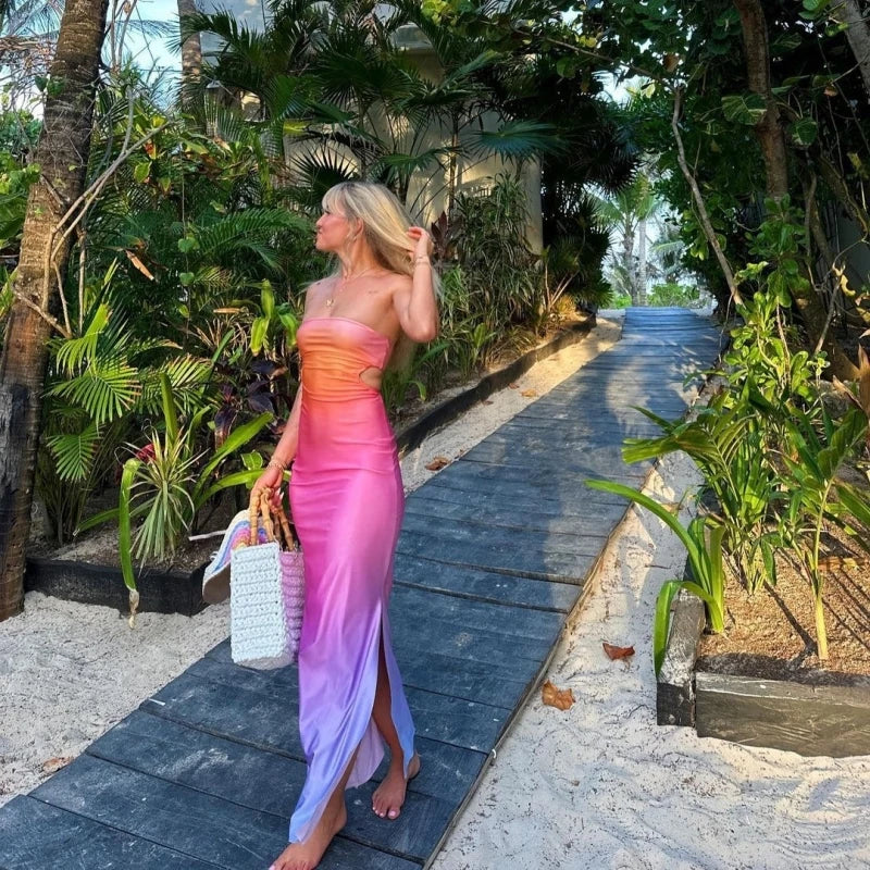 Gradient Print Backless Strapless Maxi Dress For Women Chest Wrap