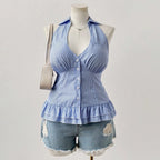 Blue Striped Sleeveless Shirt With Pleated Hem V Neck