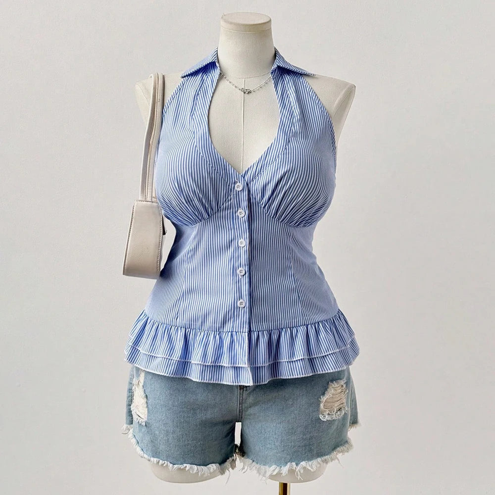 Blue Striped Sleeveless Shirt With Pleated Hem V Neck