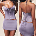 Gunmetal Satin Corset Top With Halter Neck Waist Cinching Fit Purple Gray Shine