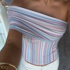 Striped Off Shoulder Crop With Wrap Neckline Bandeau Backless Sleeveless Tube Top