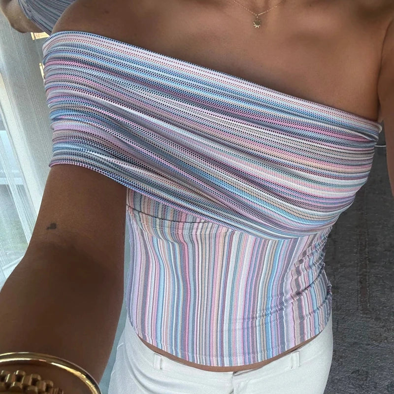 Striped Off Shoulder Crop With Wrap Neckline Bandeau Backless Sleeveless Tube Top