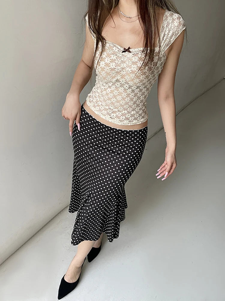 Black Polka Dot Print Midi Skirt With Low Waist Lightweight Knit