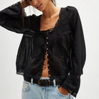 Dreamy Lace Patchwork Sheer Long Sleeve Blouse With Square Neck And Tie Front Crop Top