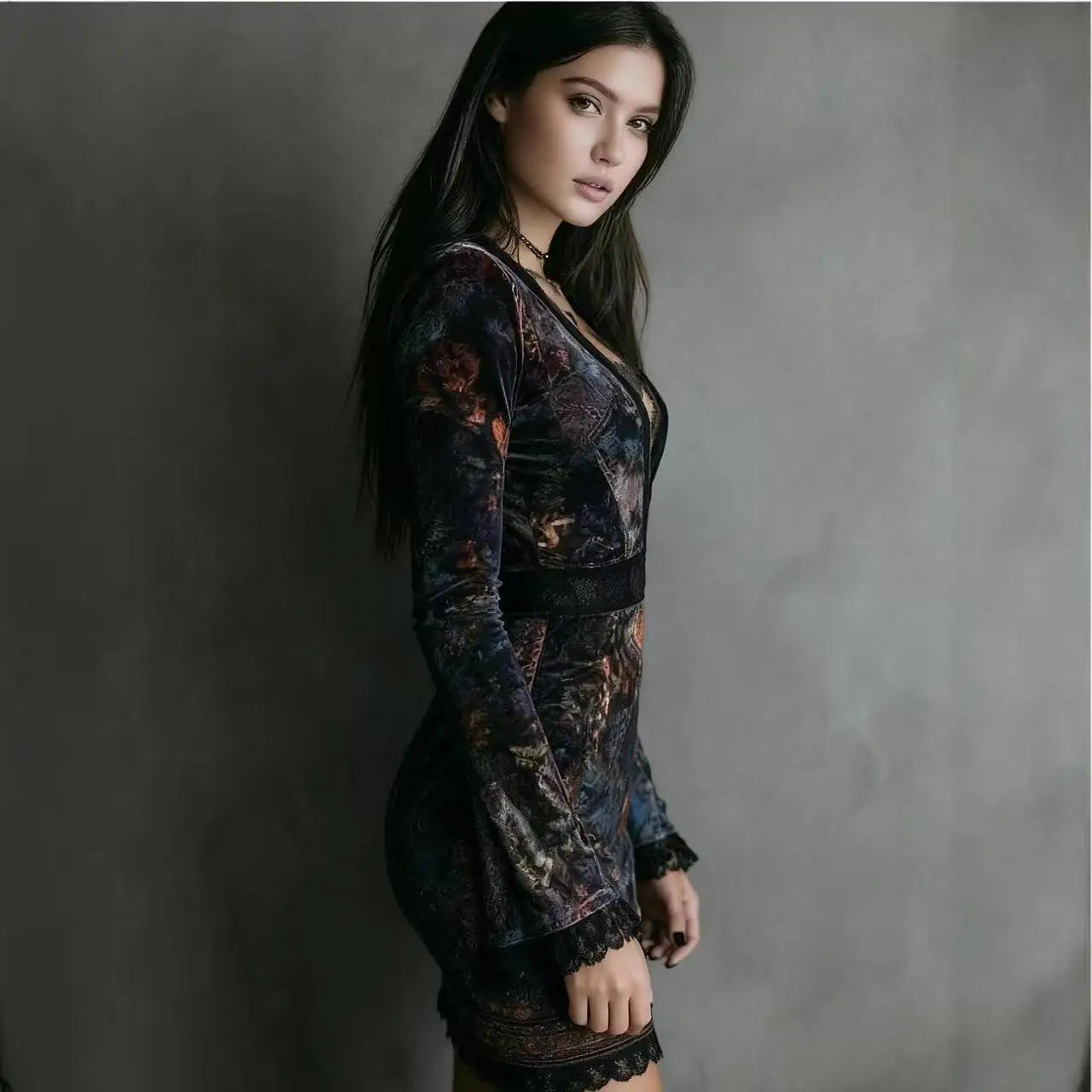 Velvet Floral Print Deep V Neck Mini Dress With Lace Trim And Long Sleeve