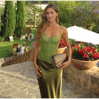 Two Piece Lace Up Top V Neck Sleeveless And A Line Skirt Set