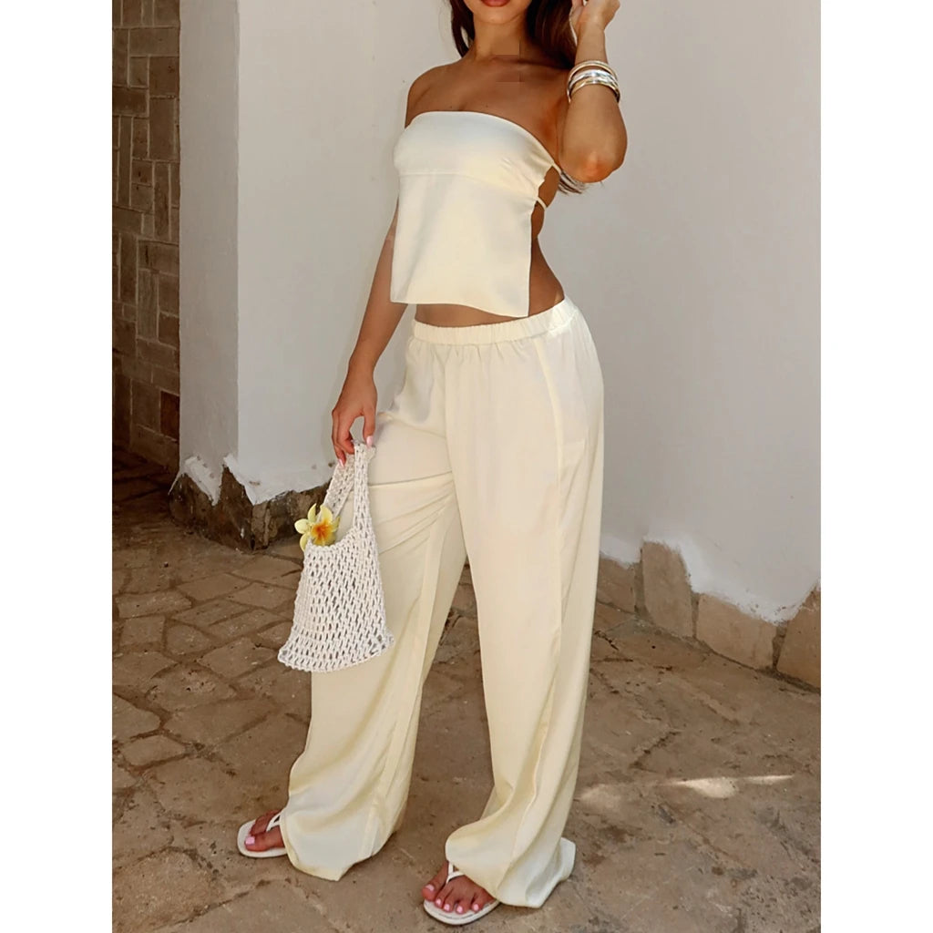 Elegant Satin Strapless Backless Crop Top And Elastic Waist Pants Set For Women