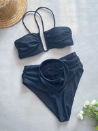 Floral 3D Detail Bikini Swimsuit With High Waist And Wrinkled Texture For Beach Days