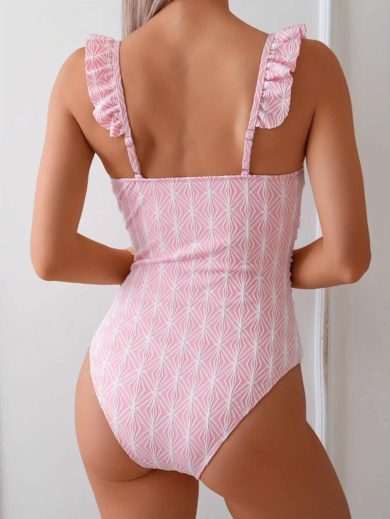 Vintage Ruffle Strap One Piece Swimsuit With Pink Mesh Underwire Tummy Control