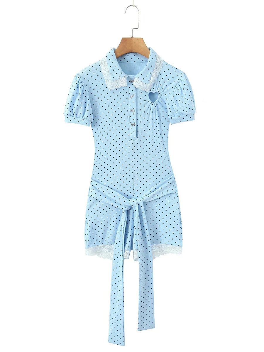 Dreamy Blue Polka Dot Puff Sleeve With Cutout Lace Trim