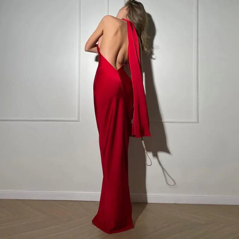 Satin Halter Backless Maxi Dress With Ribbon Tie Sleeveless Evening Gown