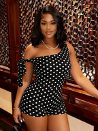 Polka Dot Playsuit With Tassel Details Sleeveless Low-Neck