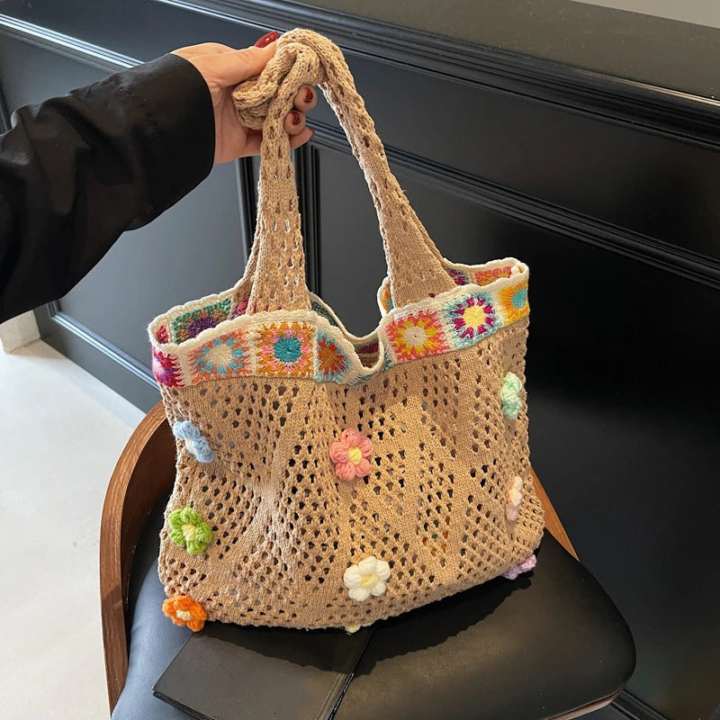 Boho Knitting Shoulder Bag With Floral Crochet
