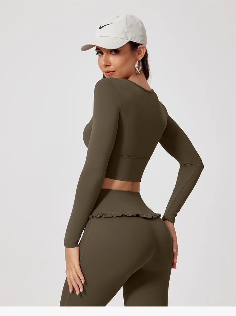 Women Shirts Long Sleeve for Yoga Crop Top Square Neck Workout Clothing with Chest Pads Fitness