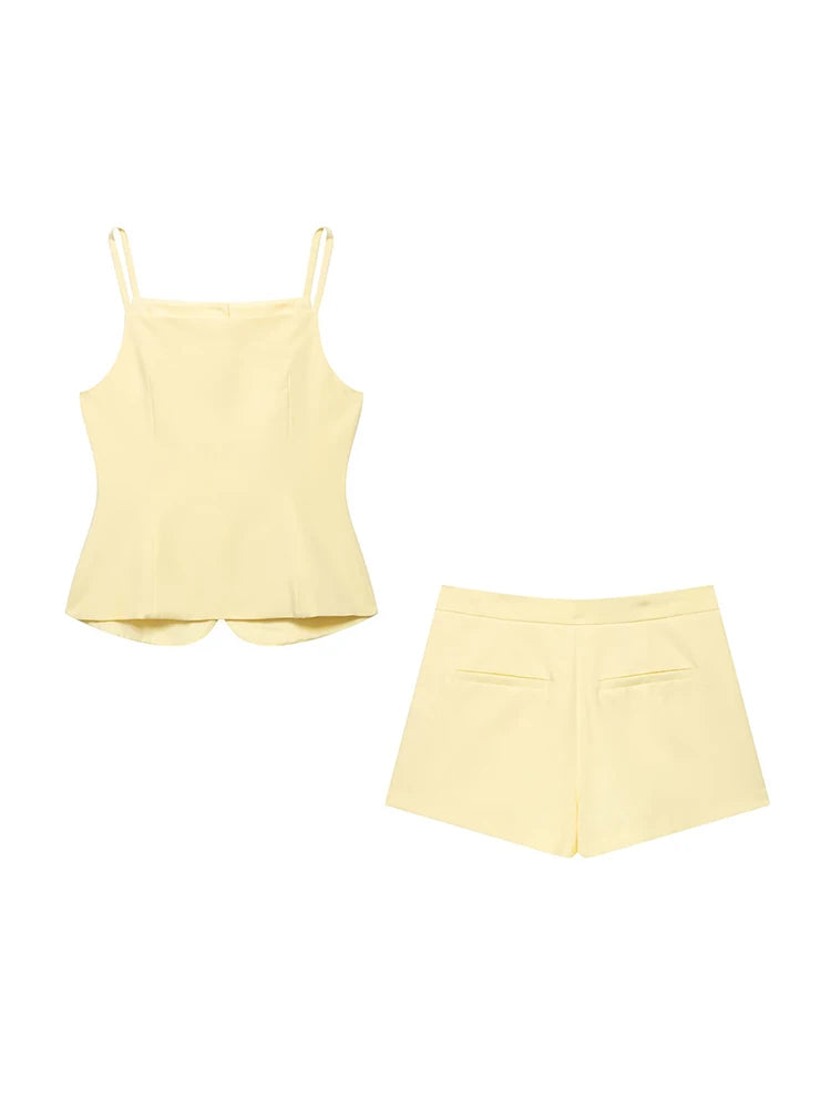 Buttoned Waistcoat Two Piece Shorts Set With Mid-Waist Pockets