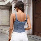 Sexy Denim Zip Up Tank Top Sexy Low Collar Slim Fit Short Jean Vest Strap Backless