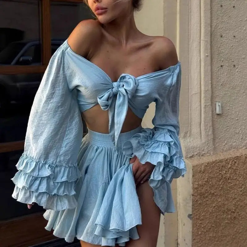 V Neck Lace Up Top Two Piece Set With Pleated Short Skirt For Modern Evening Elegance